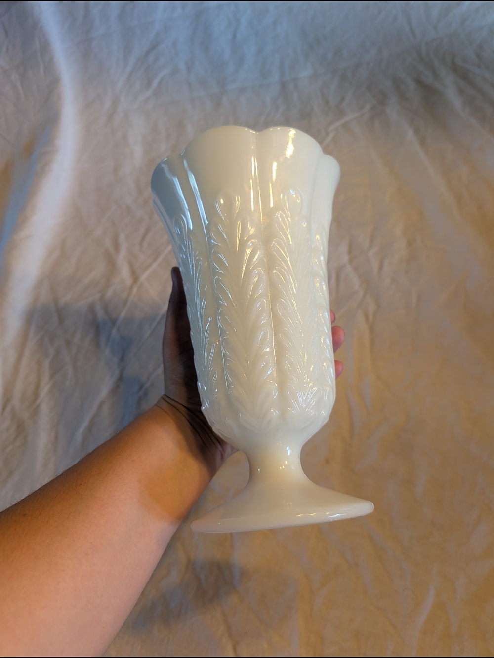 2/40$ Vintage White Milk Glass Pedestal Vase with Leaf Motif